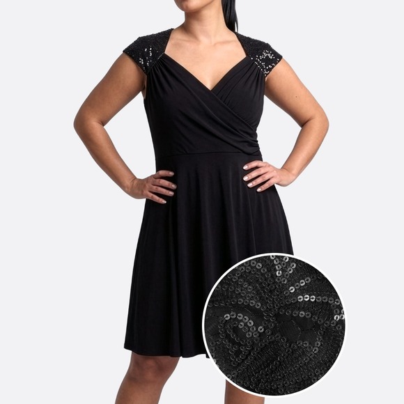 Patra Dresses & Skirts - Patra Sequin Cap Sleeve Cocktail Dress 0X L Back Cutout LBD Little Black Dress